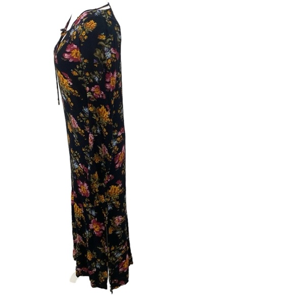 Natural Life Boho Long Bell Sleeve Side Slit Rayon Black Floral Maxi Dress - Picture 6 of 13